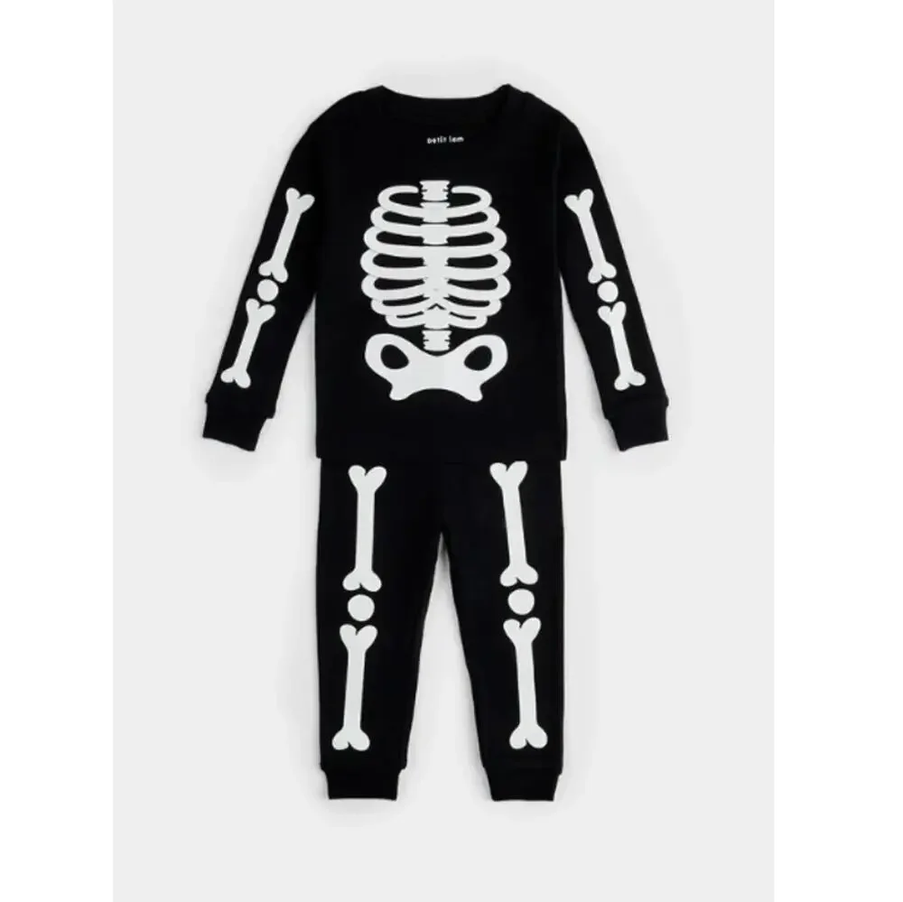 PETIT LEM Baby Black Halloween Skeleton Glow In Dark Print Two Piece Size 2